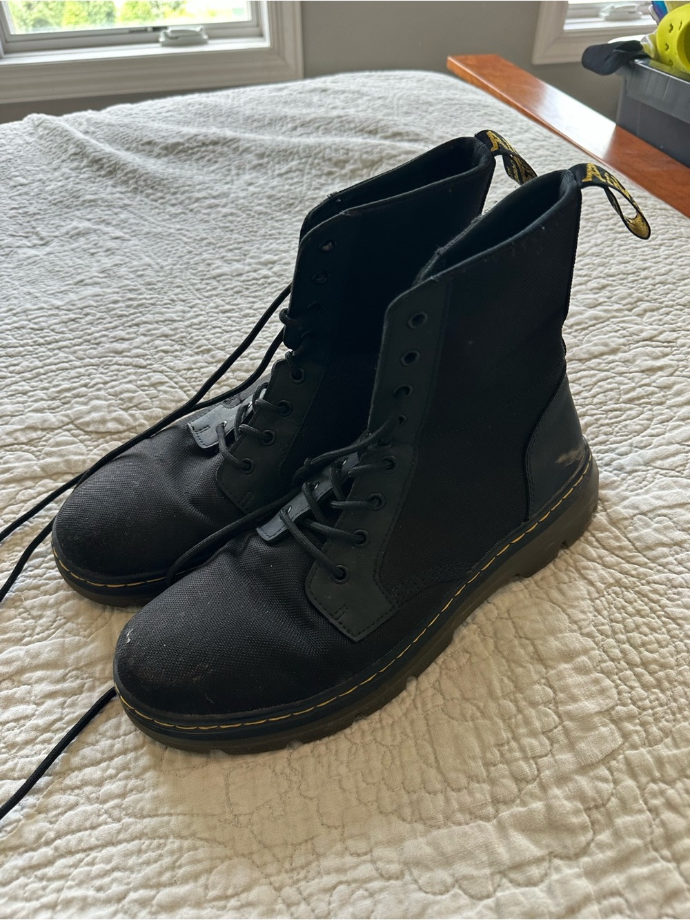 Dr. Martens Black Canvas Lace-Up Combat Boots with Yellow Stitching